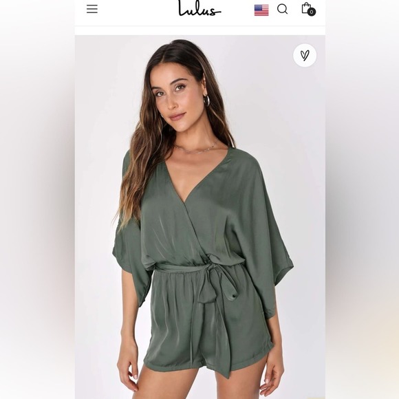 Lulus Ain't It‎ Grand Olive Green Satin Surplice Romper - Picture 1 of 9